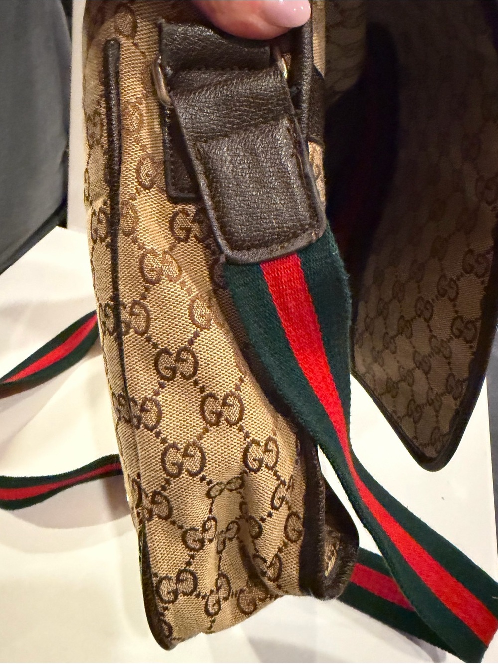 Gucci like Beige GG Canvas Messenger Bag with Red & Green Stripe - Picture 6 of 12